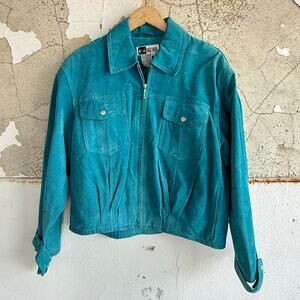 Vintage Suede Trucker Jacket Womens L Turquoise Teal 90s‎ Leather Bomber Western